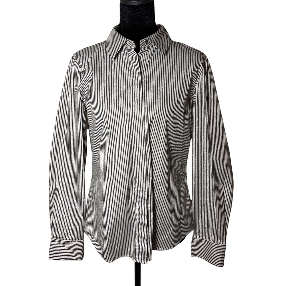 Lafayette 148 New York Black/White Metallic Stripe Dress Shirt Size 2 Small